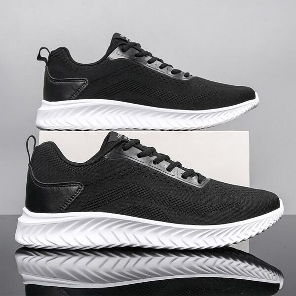 

Men Knit Detail Lace-up Front Running Shoes, Black and white