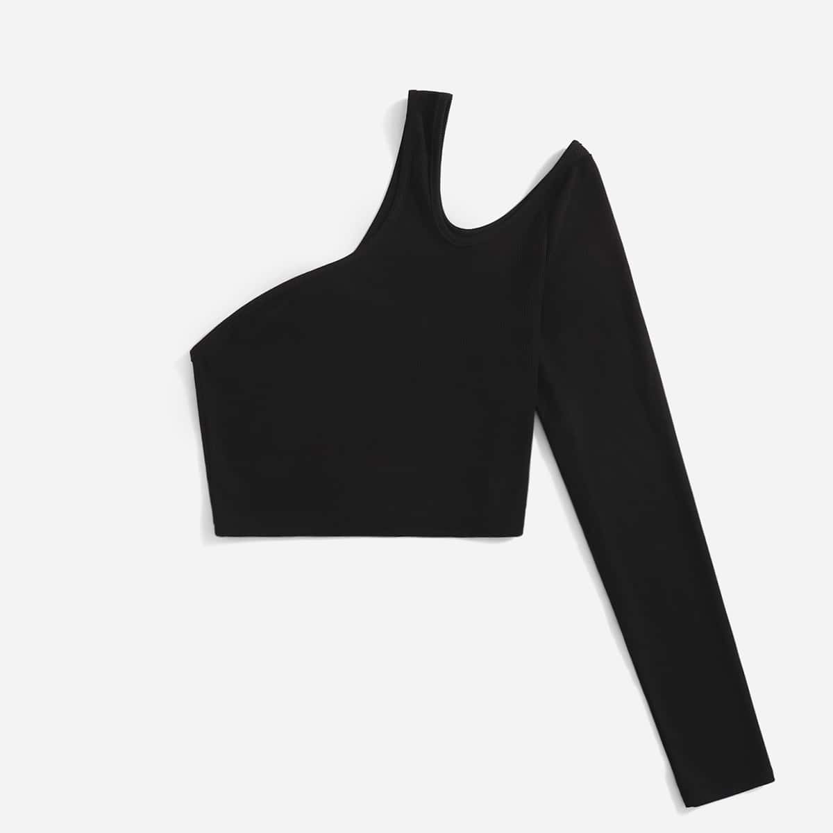 

Solid One Shoulder Ribbed Tee, Black