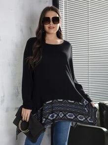 SHEIN LUNE Camiseta con estampado geométrico bajo asimétrico - Negro - Ver 4