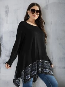 SHEIN LUNE Camiseta con estampado geométrico bajo asimétrico - Negro - Ver 6