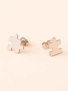 Stainless Steel Puzzle Stud Earrings - Silver - View 1