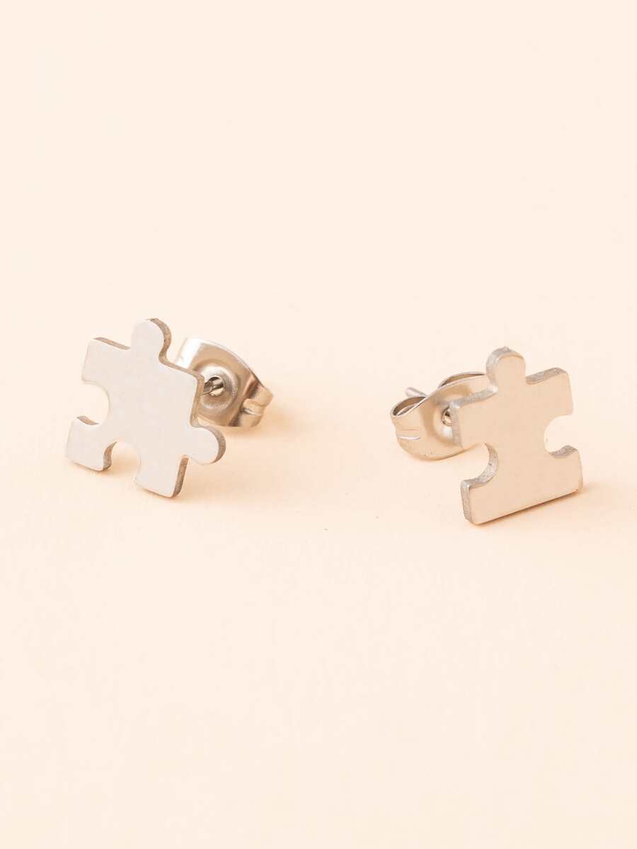 Stainless Steel Puzzle Stud Earrings - Silver - View 1