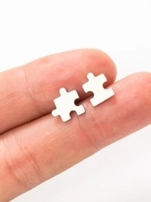 Stainless Steel Puzzle Stud Earrings - Silver - View 2