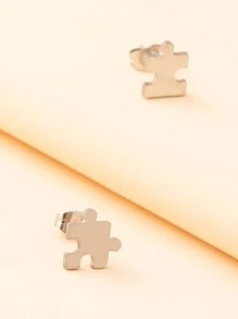 Stainless Steel Puzzle Stud Earrings - Silver - View 3