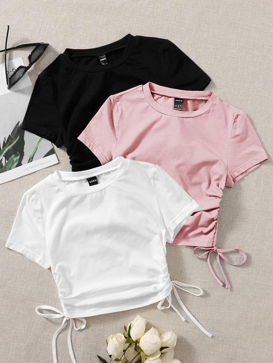 SHEIN EZwear 3 piezas Camiseta con cordón fruncido lateral - Multicolor - Ver 1