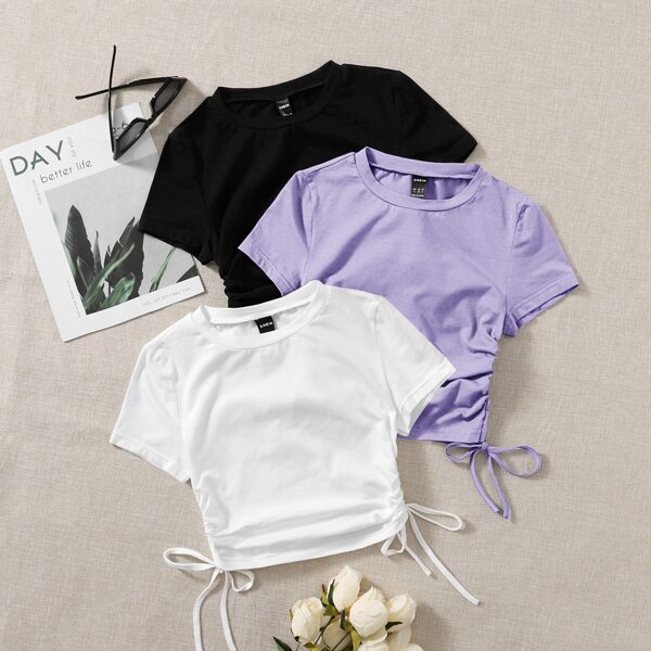 

3pcs Drawstring Ruched Side Tee, Multicolor