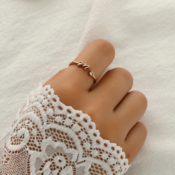 

Letter & Zircon Decor Cuff Ring, Gold