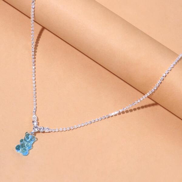 

Bear Charm Rhinestone Necklace, Blue