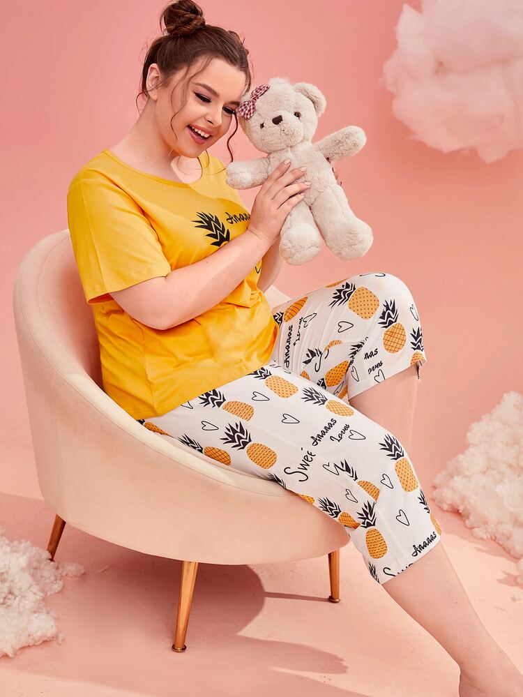 Plus Pineapple Print Tee & Trousers Pyjama Set - Multicolor - View 3