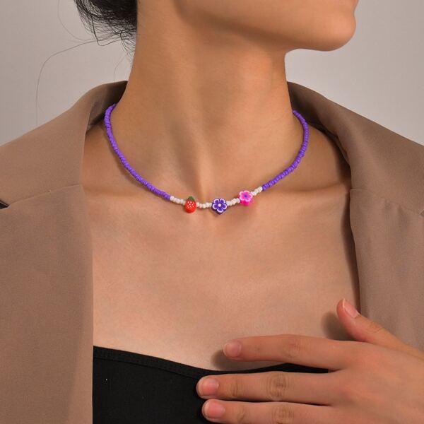 

Flower Decor Beaded Necklace, Purple