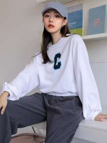 DAZY Pullover con estampado de letra de hombros caídos - Blanco - Ver 3