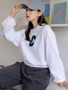 DAZY Pullover con estampado de letra de hombros caídos - Blanco - Ver 5