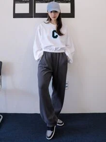 DAZY Pullover con estampado de letra de hombros caídos - Blanco - Ver 6