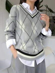 DAZY Jersey con patrón de rombo de rayas ribete - Gris - Ver 1