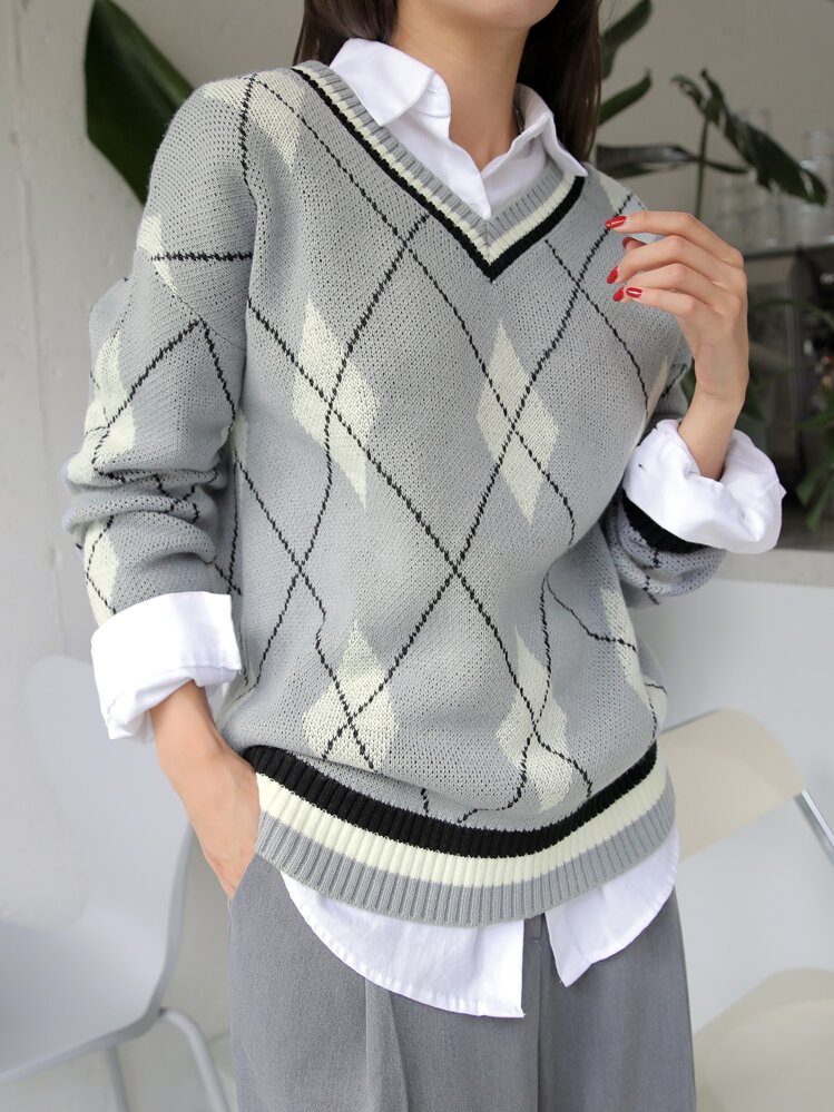 DAZY 菱形印花條紋圖案邊套頭毛衣 - 灰色 - 查看 1