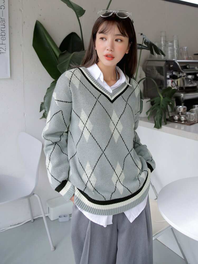 DAZY 菱形印花條紋圖案邊套頭毛衣 - 灰色 - 查看 3