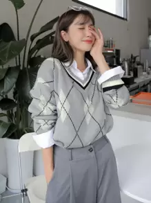 DAZY Jersey con patrón de rombo de rayas ribete - Gris - Ver 4