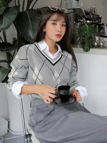 DAZY Jersey con patrón de rombo de rayas ribete - Gris - Ver 5