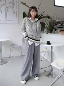 DAZY Jersey con patrón de rombo de rayas ribete - Gris - Ver 6