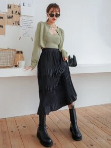 DAZY High Waist Plisse Ruffle Hem Skirt Fall