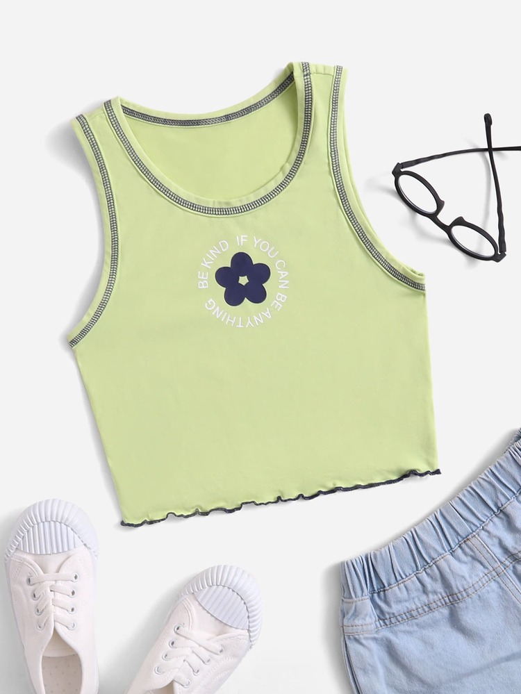 SHEIN Tank Tops & Camis Bé Gái Xù nhỏ Tương phản ràng buộc Hoa Lá thư Giải trí - Màu xanh Bạc hà - Xem 1