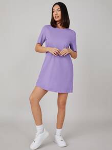 SHEIN BASICS Women Solid Color Round Neck Short Sleeve Casual T-Shirt Dress,Pastel Dresses For Women/Summer - Lilac Purple - View 3