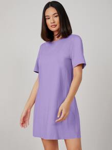 SHEIN BASICS Women Solid Color Round Neck Short Sleeve Casual T-Shirt Dress,Pastel Dresses For Women/Summer - Lilac Purple - View 4