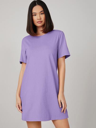 SHEIN BASICS Women Solid Color Round Neck Short Sleeve Casual T-Shirt Dress, Summer Dresses For Women