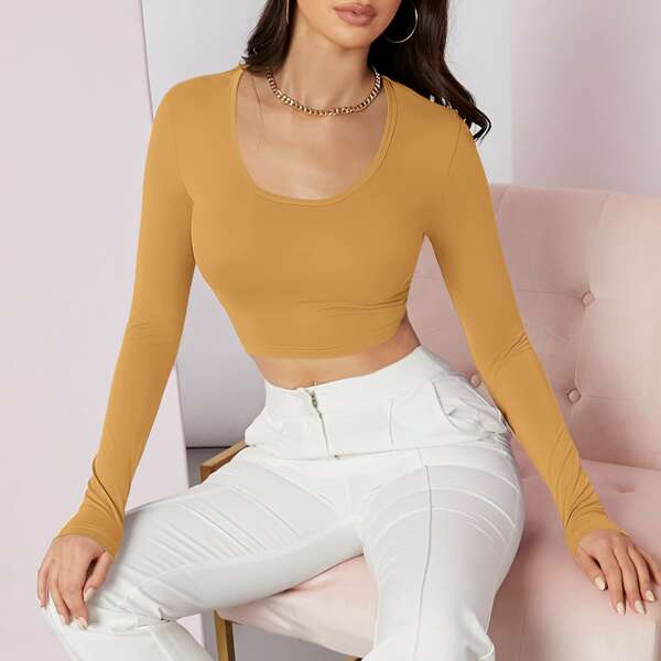 

Scoop Neck Solid Crop Tee, Ginger
