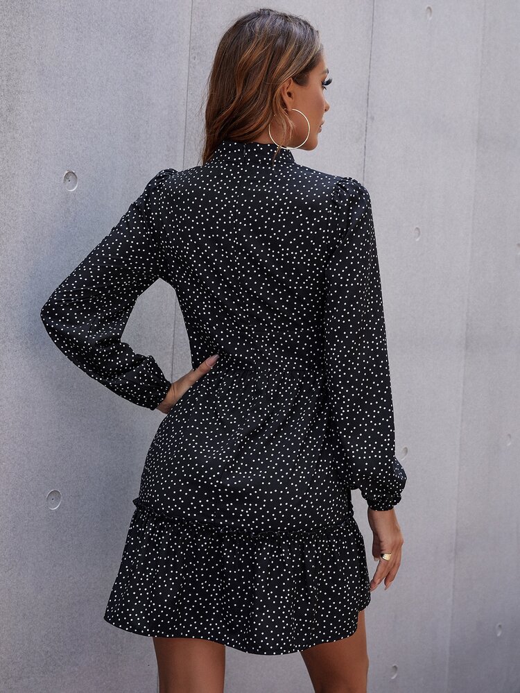 Vestido de lunares de cuello alto de manga farol bajo con fruncido - Negro - Añade 2