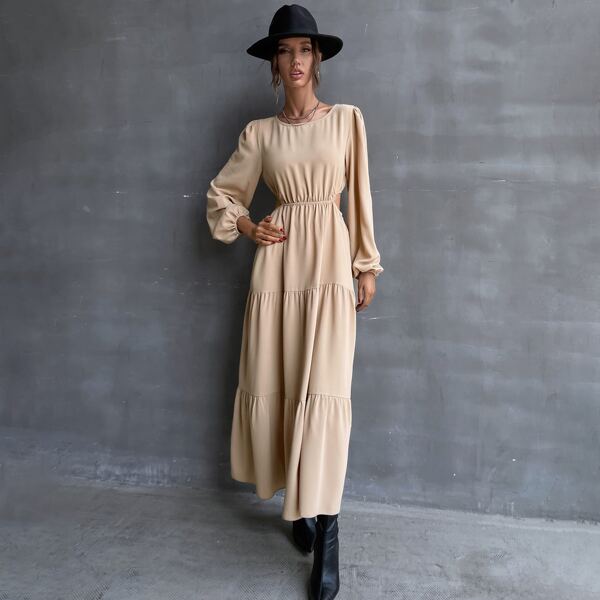 

Solid Lantern Sleeve Cut Out Dress, Apricot