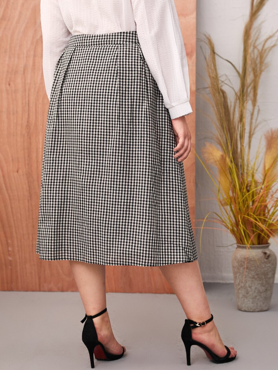 Plus Gingham Print Midi Skirt