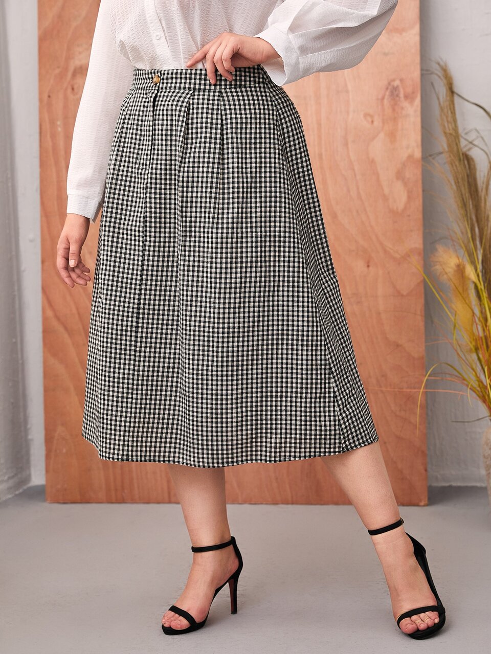 Plus Gingham Print Midi Skirt