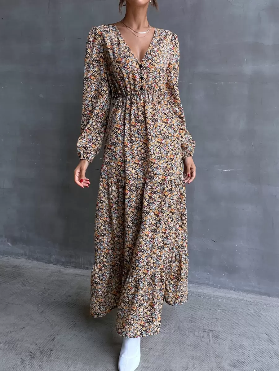 SHEIN Clasi Vestido de una sola hilera con estampado floral, volantes en el bajo