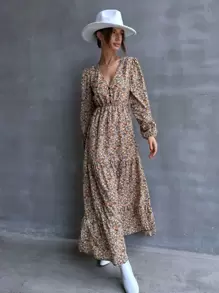 SHEIN Clasi Vestido de una sola hilera con estampado floral, volantes en el bajo