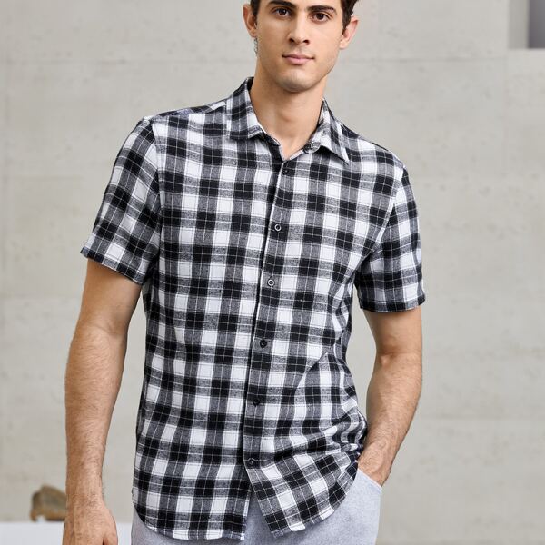 

Men Plaid Button Front Shirt, Black and white
