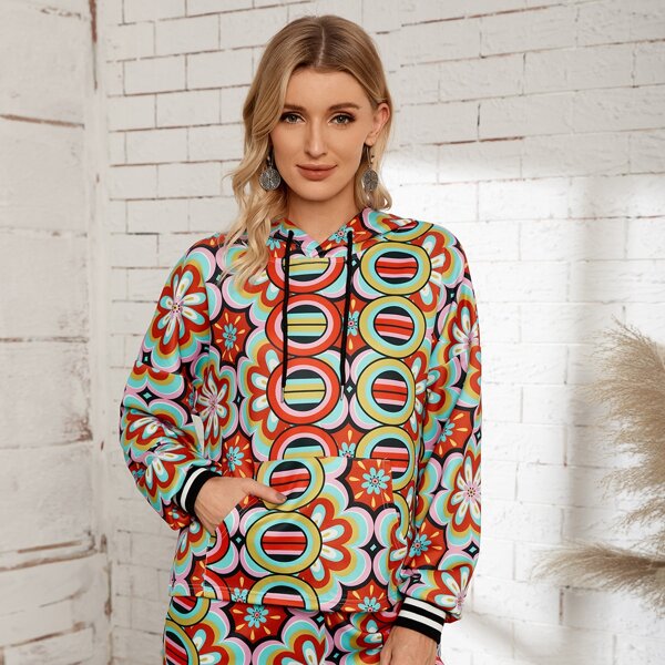 

Floral Print Kangaroo Pocket Drop Shoulder Drawstring Hoodie, Multicolor