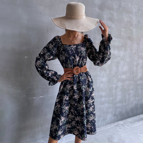 

Floral Print Flounce Sleeve Square Neck Dress Without Belt, Royal blue