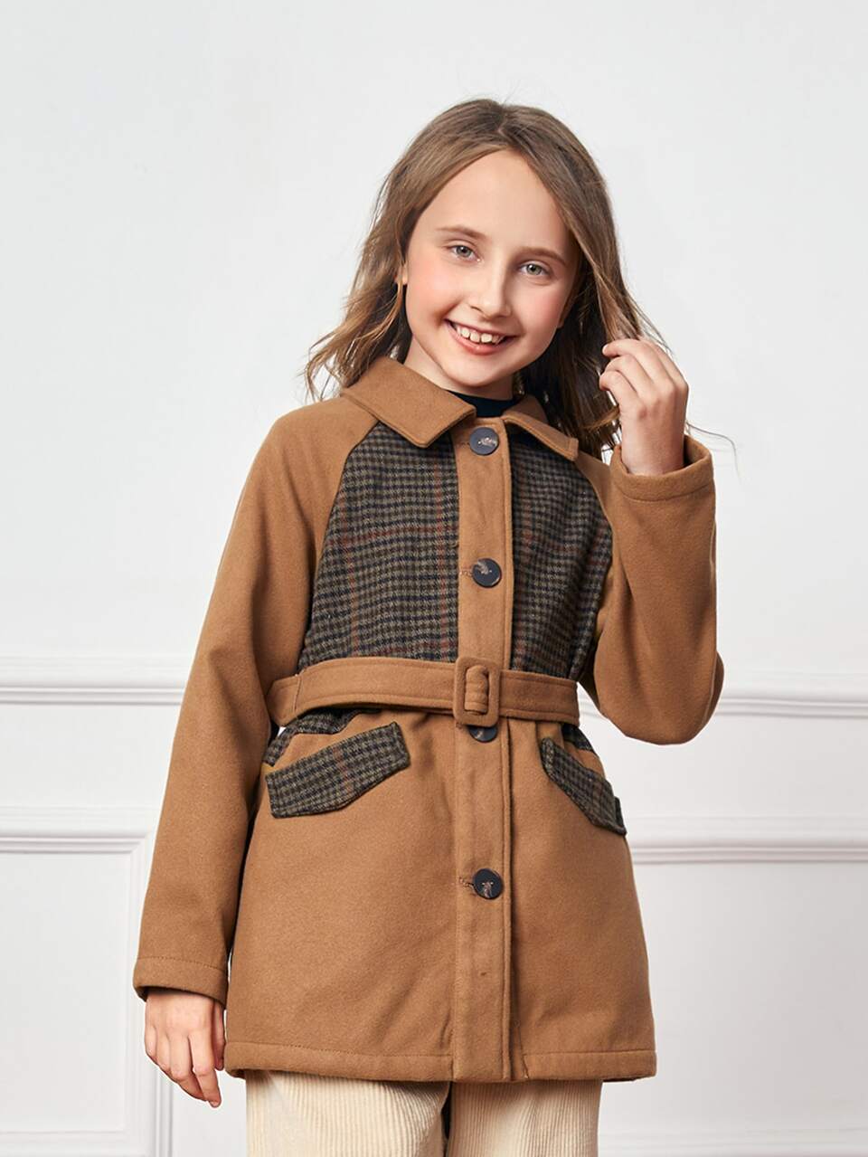 Girls Houndstooth Pattern Flap Detail Belted Overcoat