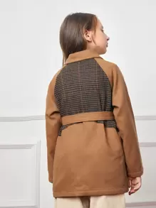 SHEIN 女孩千鳥格圖案翻蓋細節腰帶花呢外套
