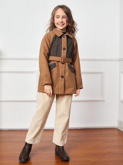 SHEIN Girls Houndstooth Pattern Flap Detail Belted Overcoat