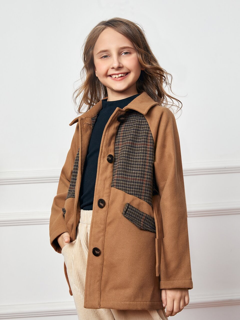 Girls Houndstooth Pattern Flap Detail Belted Overcoat