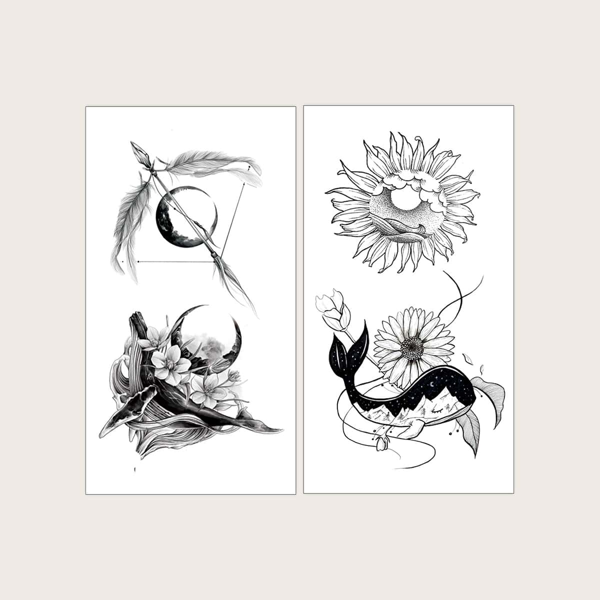 

2sheets Whale & Floral Pattern Tattoo Sticker, Black