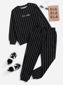 SHEIN Boys Striped And Letter Graphic Pullover & Drawstring Waist Joggers - Black - View 1