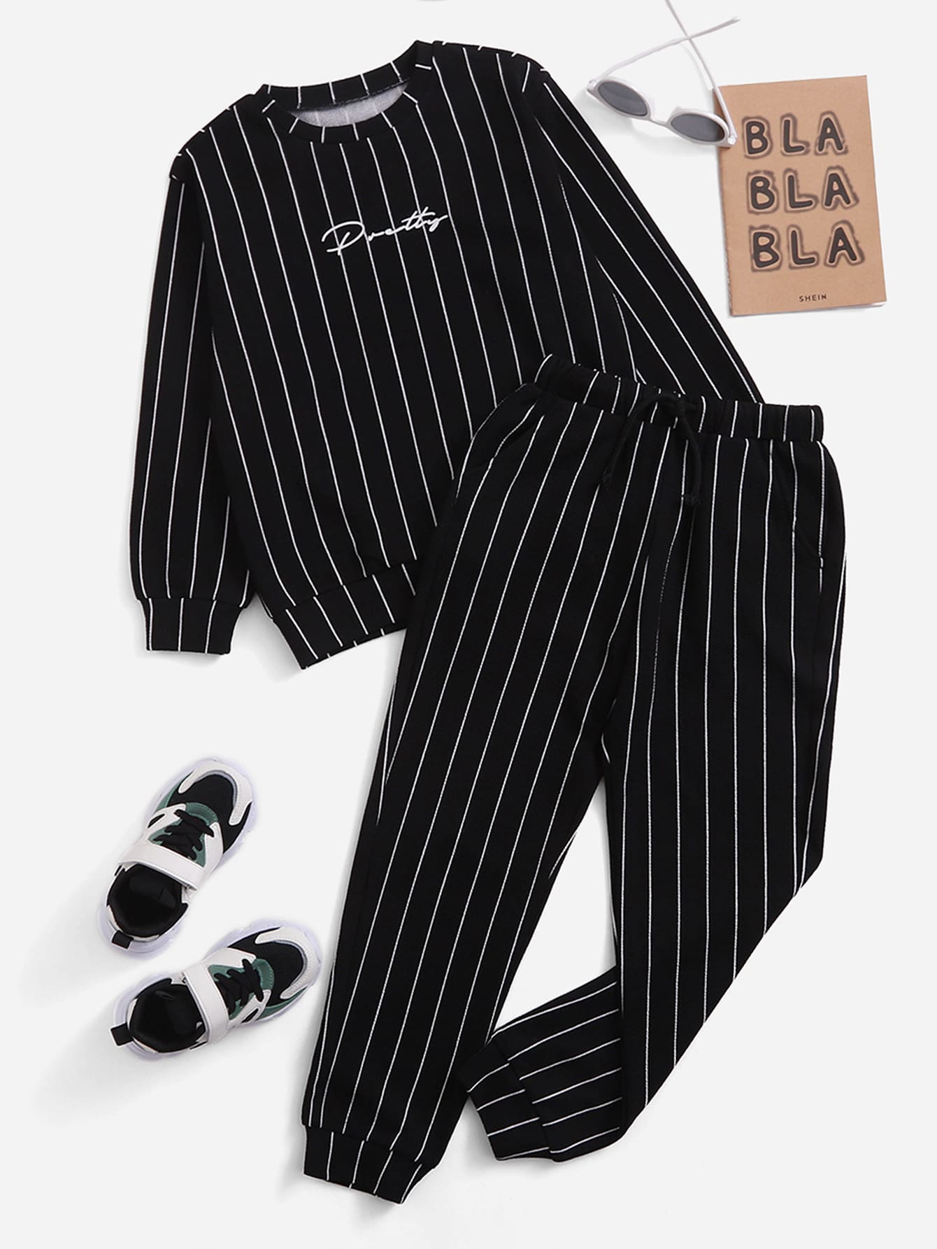 SHEIN Boys Striped And Letter Graphic Pullover & Drawstring Waist Joggers - Black - View 1