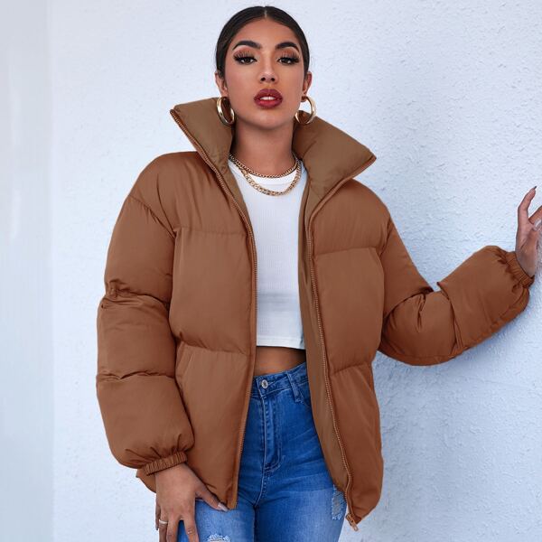 

High Neck Zip Up Puffer Coat, Brown