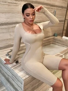 SHEIN SXY 大圓領接縫細節條紋針織彈力緊身連體短褲 - 卡其色 - 查看 4