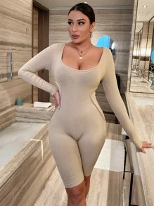 SHEIN SXY 大圓領接縫細節條紋針織彈力緊身連體短褲 - 卡其色 - 查看 6