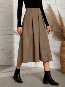 SHEIN LUNE 千鳥格羊毛混紡傘狀短裙 - 棕色 - 查看 3
