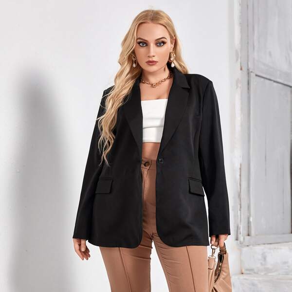

Plus Lapel Neck Single Button Blazer, Black